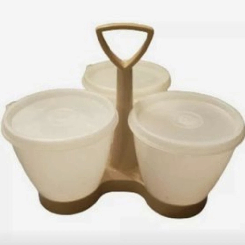 Vintage 1975 Tupperware Triple Condiment Set with Lids & Caddy Carrier #733